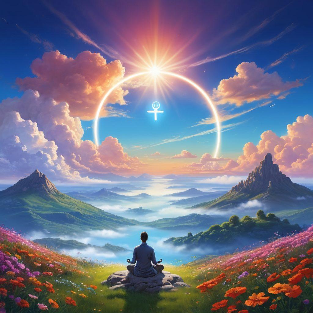A serene landscape depicting a person sitting peacefully on a hilltop, surrounded by vibrant flowers and a clear blue sky. The individual is meditating while a glowing key symbol floats above their hands, representing unlocking contentment. In the background, a series of interconnected strategic domain names are artistically illustrated as gentle clouds. This scene embodies joy, tranquility, and strategic thinking. super-realistic. vibrant colors. serene atmosphere.