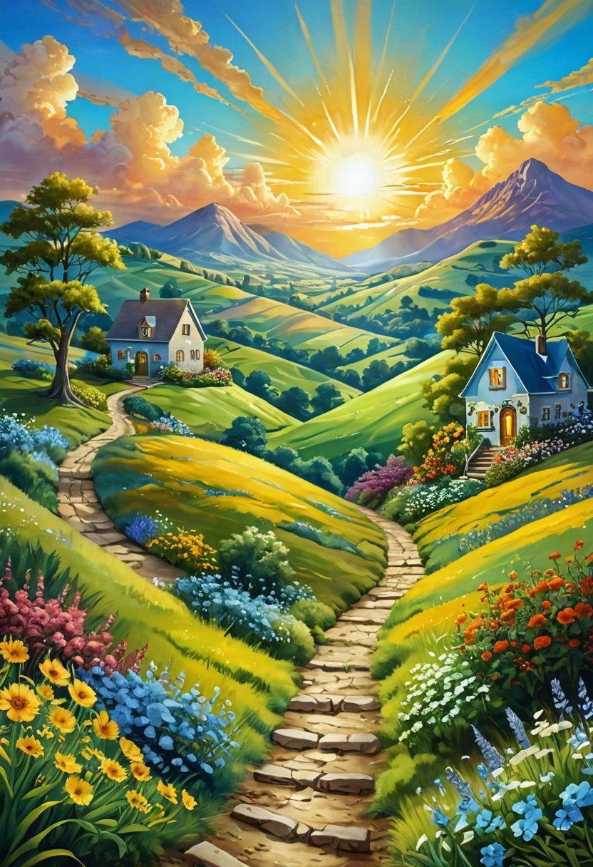 A whimsical landscape depicting a sunny, vibrant world filled with lush green hills, blooming flowers, and happy people engaging in various joyful activities. In the foreground, a pathway symbolizes the journey from domain management to a fulfilling life, with signposts showing 'Satisfaction' and 'Cheerfulness'. Above, a blue sky with fluffy clouds showcases a warm sun casting golden rays. The scene is lively and encouraging, inviting the viewer to embrace happiness. vibrant colors. painting.
