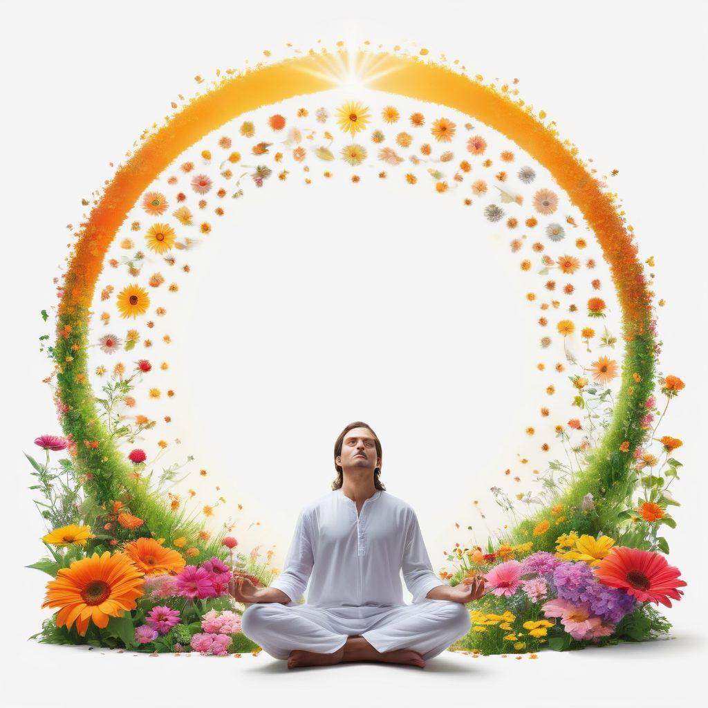 A serene garden with vibrant flowers symbolizing growth and happiness, a person meditating peacefully in the center, surrounded by digital elements representing domain management like website icons and analytics charts, sun rays gently illuminating the scene, conveying tranquility and joy. super-realistic. vibrant colors. white background.